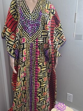 V-Neck Multicolor Geometric Maxi Dress